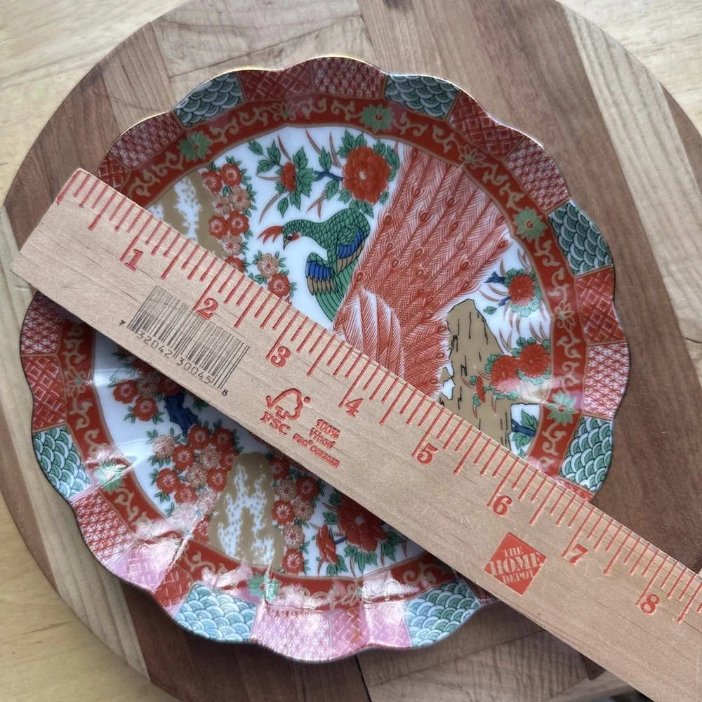 Imari Japanese Salad Plate 7 Inch Orange Green Gold Peacock Scallop Edge Signed